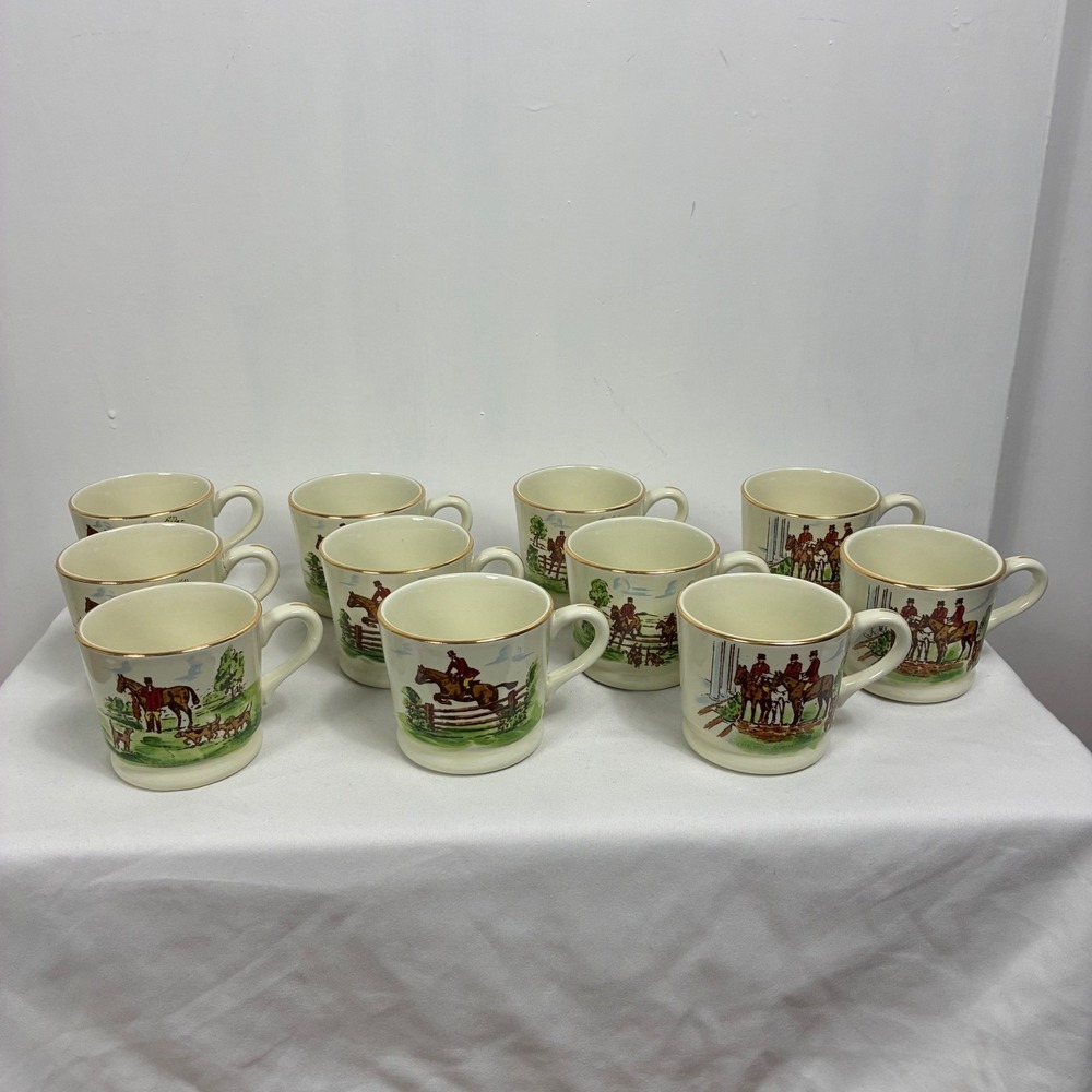 Heirloom China Hand Painted Fox Hunt Equestrian Coffee Mugs Gold Trim Set of 11